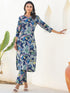 Navy Blue Pure Cotton Floral Printed Straight Kurta Pant Set